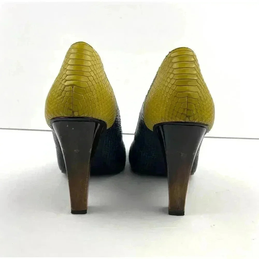 Wooden Heels‎ Pumps Blue Yellow Snake Style 10 7 For All Mankind Women's Leather - Picture 10 of 13